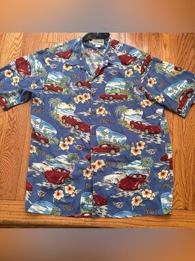 VTG Reyn Spooner Blue Corvette Race‎ Car Palm Tree Hawaiian Shirt Men’s L 90’s